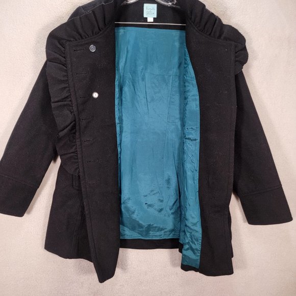 Kimchi Blue Black Wool Ruffled Button High Neck Classic Warm Pea Coat Jacket - Picture 6 of 15